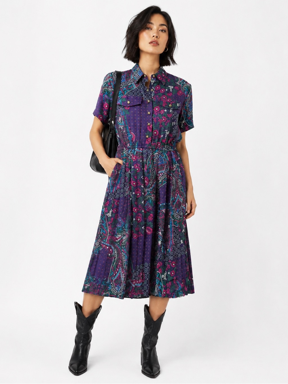 Vintage Leslie Fay petite floral paisley dress gold button short sleeve 6P